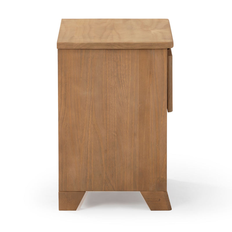 Side view of a modern wooden dresser with natural wood finish.