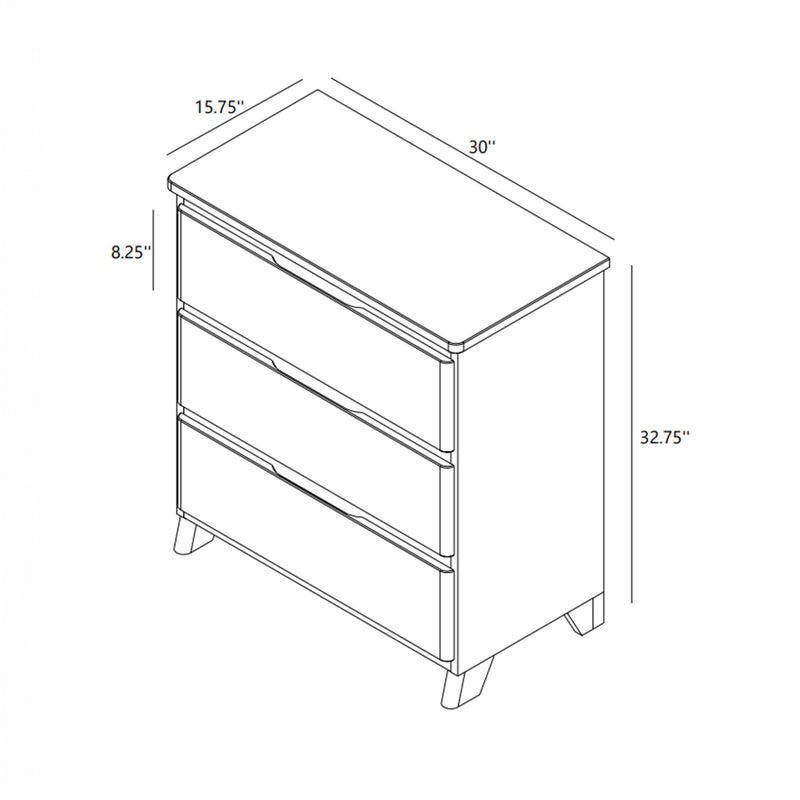 Line drawing of a three‑drawer dresser with dimensions 30″ W × 15.75″ D × 32.75″ H, each drawer approx. 8.25″ high, tapered‑leg chest product dimensions diagram