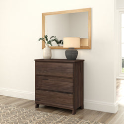 Dark wood three-drawer dresser with rectangular wood-framed mirror, table lamp and vase with greenery in a bright minimalist entryway