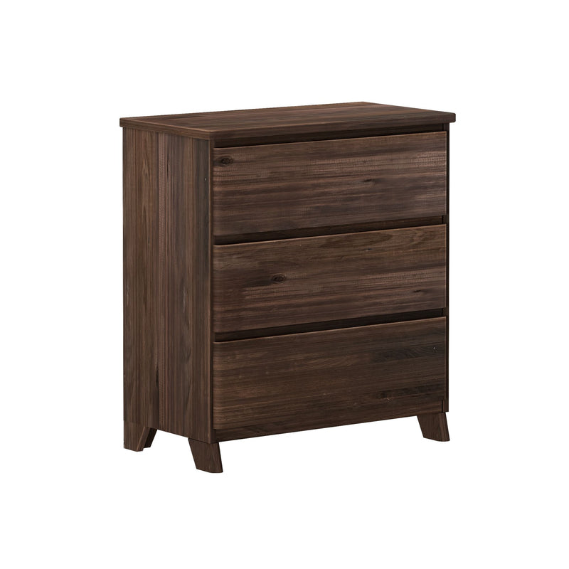 Brown wooden three-drawer dresser with a modern design.
