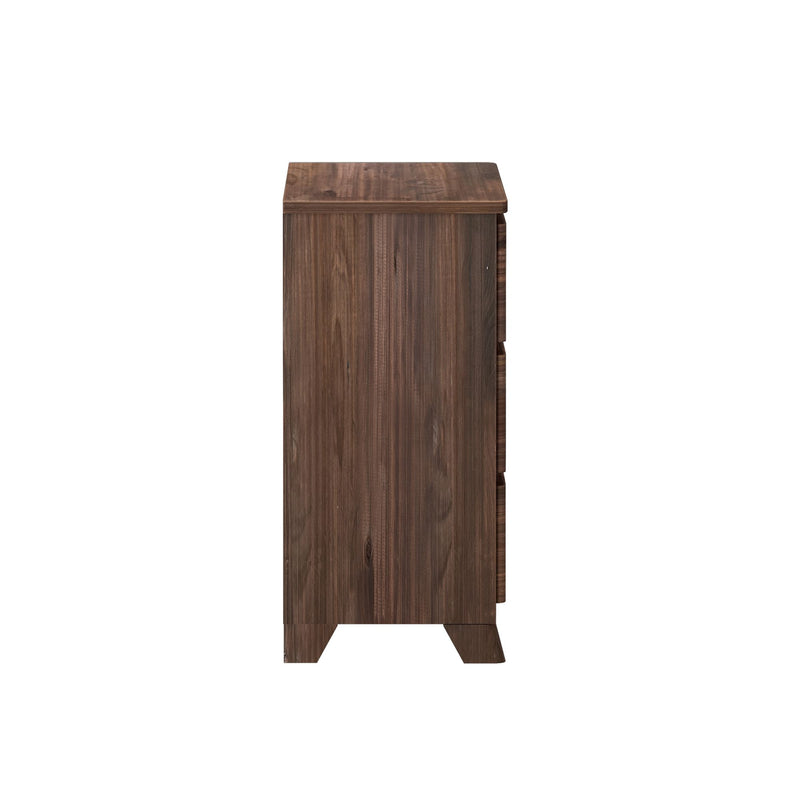 Side view of a modern dark wood chest of drawers with a minimalist design.