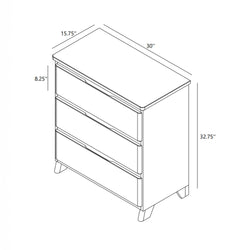 Mid-century modern 3-drawer dresser product diagram showing tapered legs and recessed handles with dimensions 30 in × 15.75 in × 32.75 in