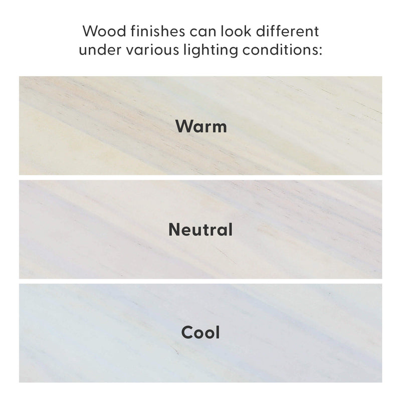 Comparison of wood finishes under warm, neutral, and cool lighting conditions for home decor.