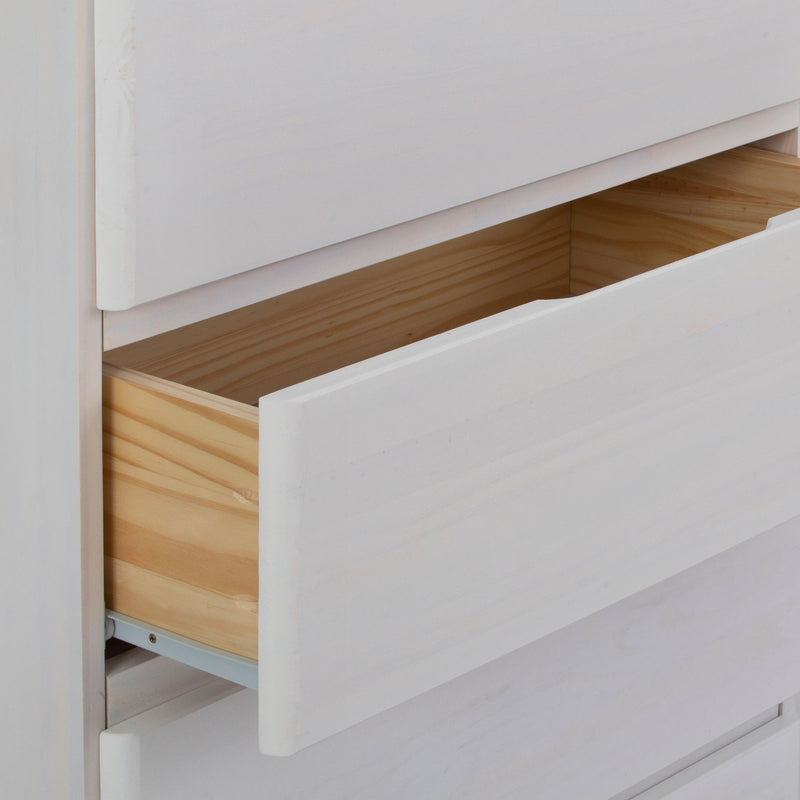 White wooden dresser with open drawer showing natural wood interior.