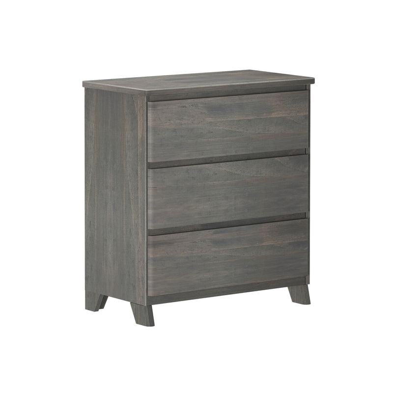 Gray wooden three-drawer dresser with modern design and angled legs.