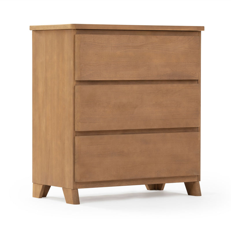 Natural wood three-drawer dresser with modern design and angled legs.