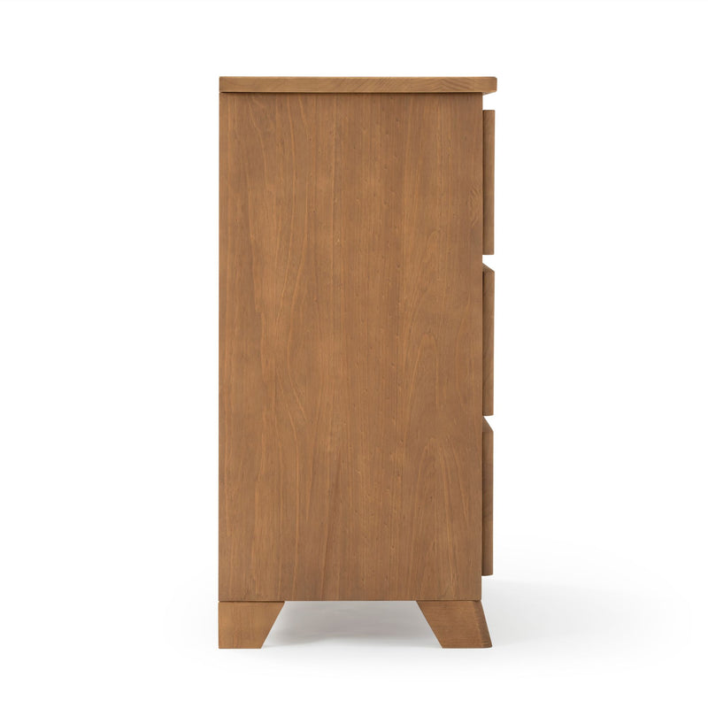 Side view of a modern wooden dresser with minimalist design and smooth finish.