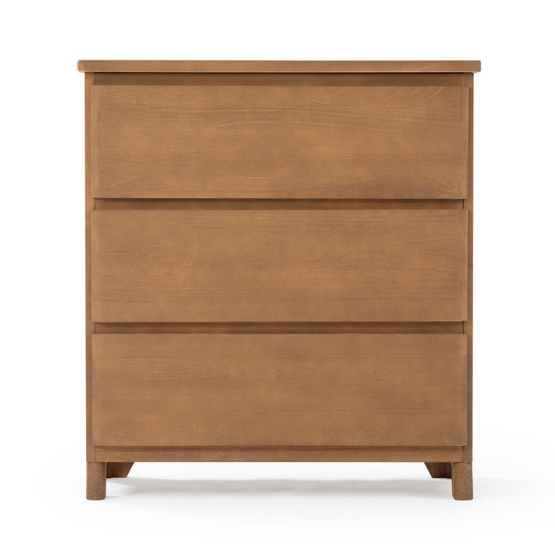 Wooden three-drawer dresser with a natural finish for bedroom storage.