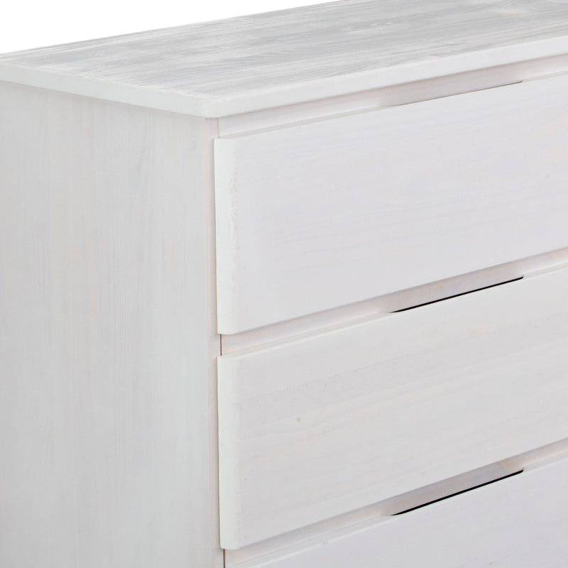 White wooden dresser with modern flat front drawers, perfect for bedroom storage solutions.