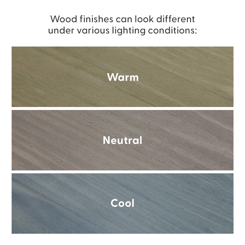 Comparison of wood finishes in warm, neutral, and cool lighting conditions for optimal interior design choices.