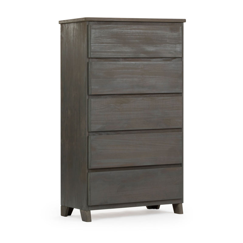 Gray wooden chest of drawers with five storage compartments for bedroom furniture decor.