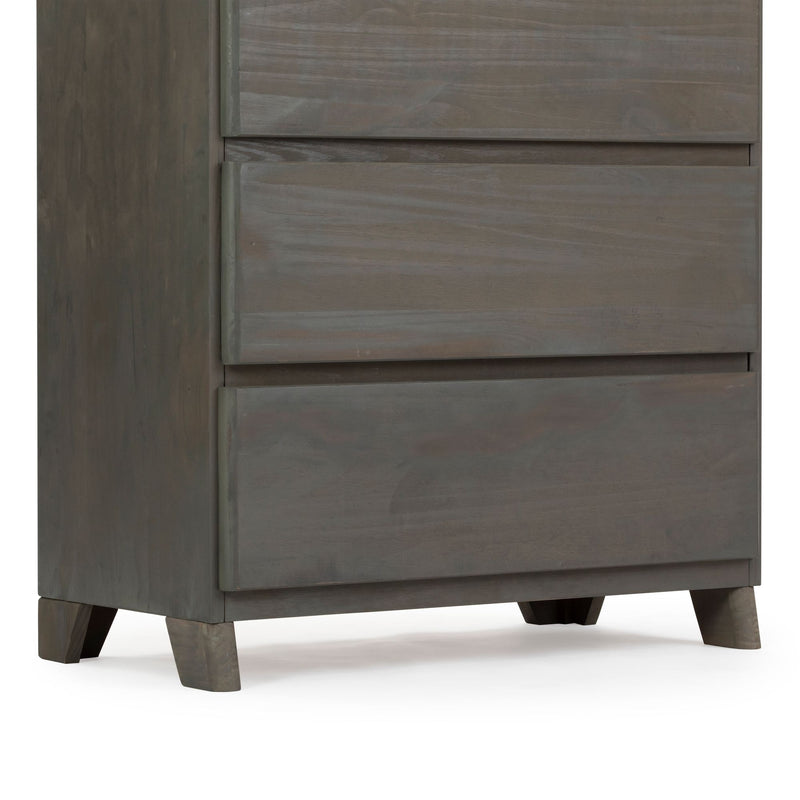 Dark wood modern dresser with three drawers and angled legs.