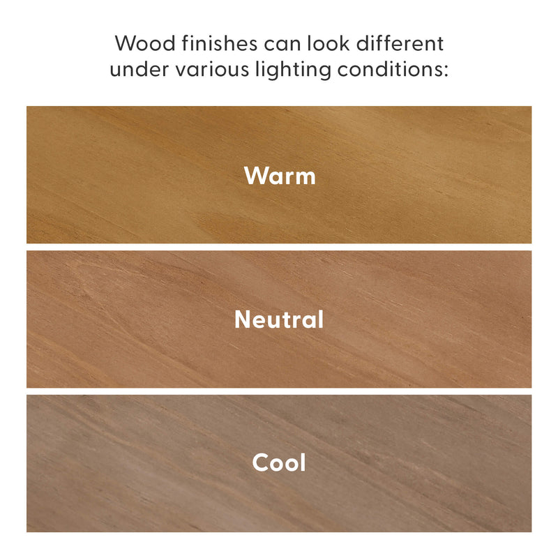 Different wood finishes in warm, neutral, and cool tones showing variations under lighting conditions.
