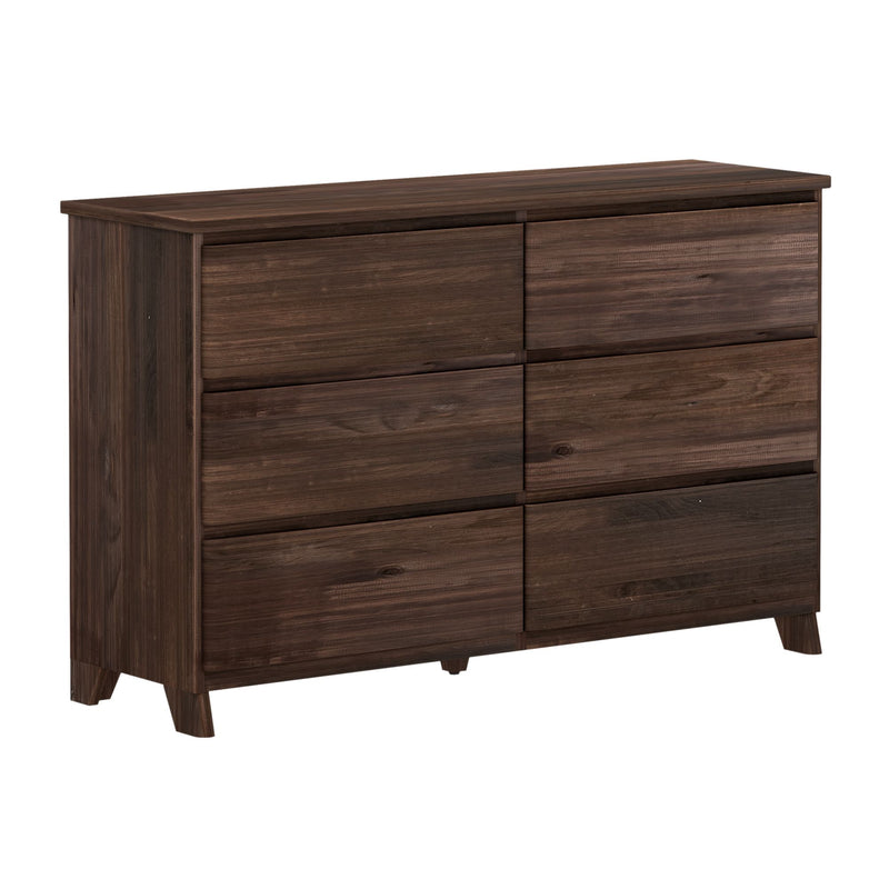 Wooden six-drawer dresser in dark brown finish, perfect for bedroom storage solutions.