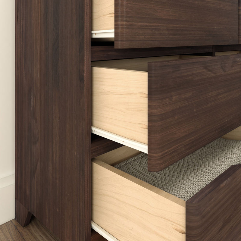 Dark wooden dresser with open drawers showing interior storage space.