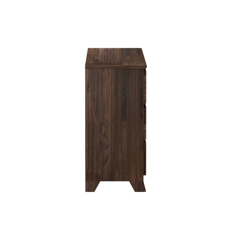 Side view of a modern brown wooden dresser for bedroom storage.