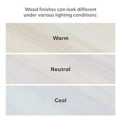 Comparison of wood finishes under warm, neutral, and cool lighting conditions.