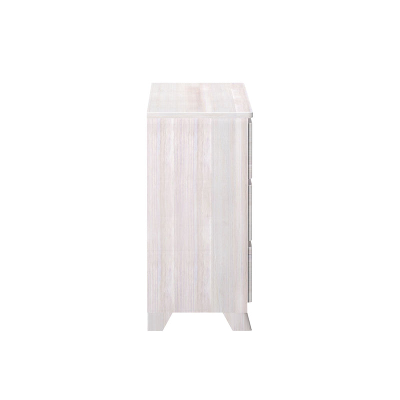 Side view of a modern white wood dresser for bedroom storage.