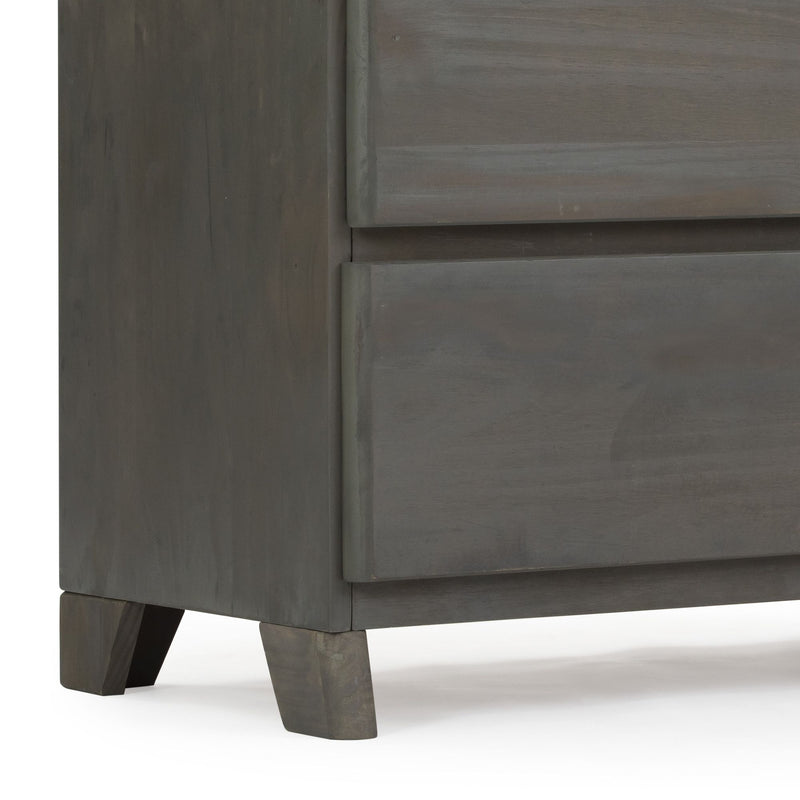 Modern dark wood dresser with two drawers and minimalist design.