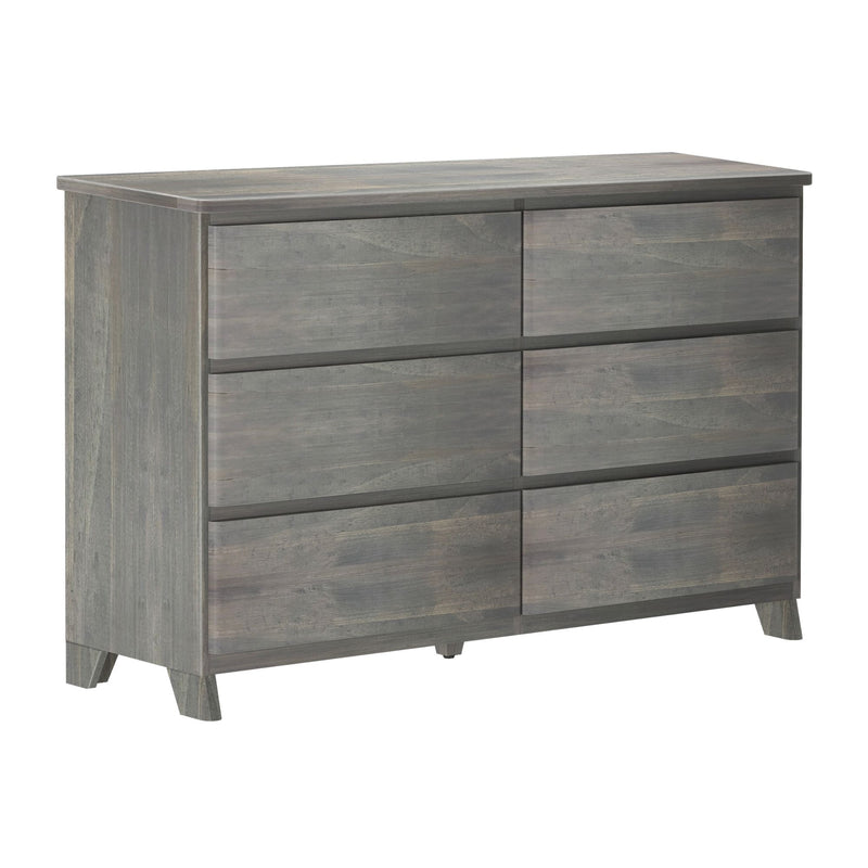 Modern gray wooden six-drawer dresser for bedroom storage solutions.
