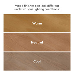 Comparison of wood finishes under different lighting conditions: warm, neutral, and cool tones.