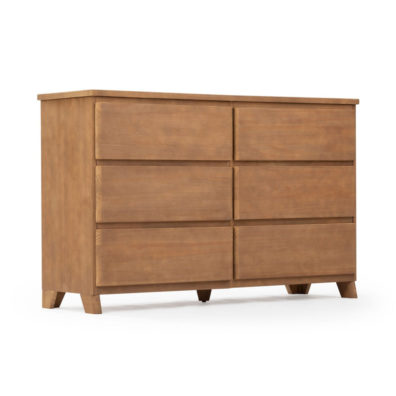 Modern wooden six-drawer dresser with minimalist design and natural finish.