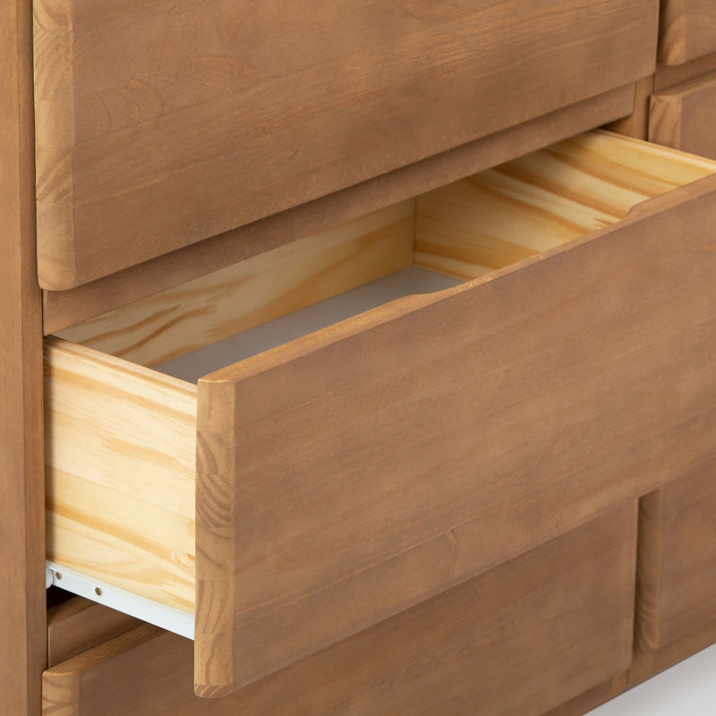 Wooden dresser with open drawer showcasing natural finish and modern design.