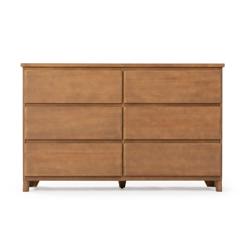 Wooden six-drawer dresser with minimalist design for bedroom storage.