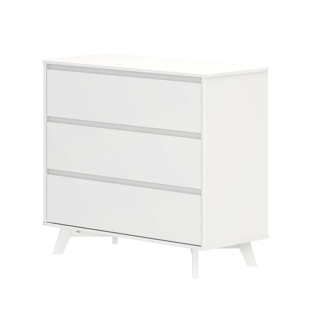 White modern three-drawer dresser with sleek design and minimalist legs.