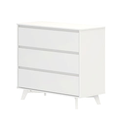 White modern three-drawer dresser with sleek design and minimalist legs.