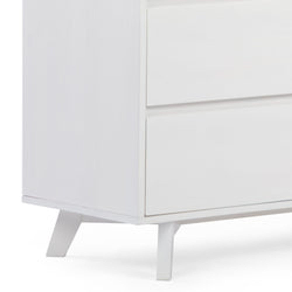 White modern dresser with sleek drawers and elevated legs on a plain background.