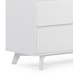 White modern dresser with sleek drawers and elevated legs on a plain background.