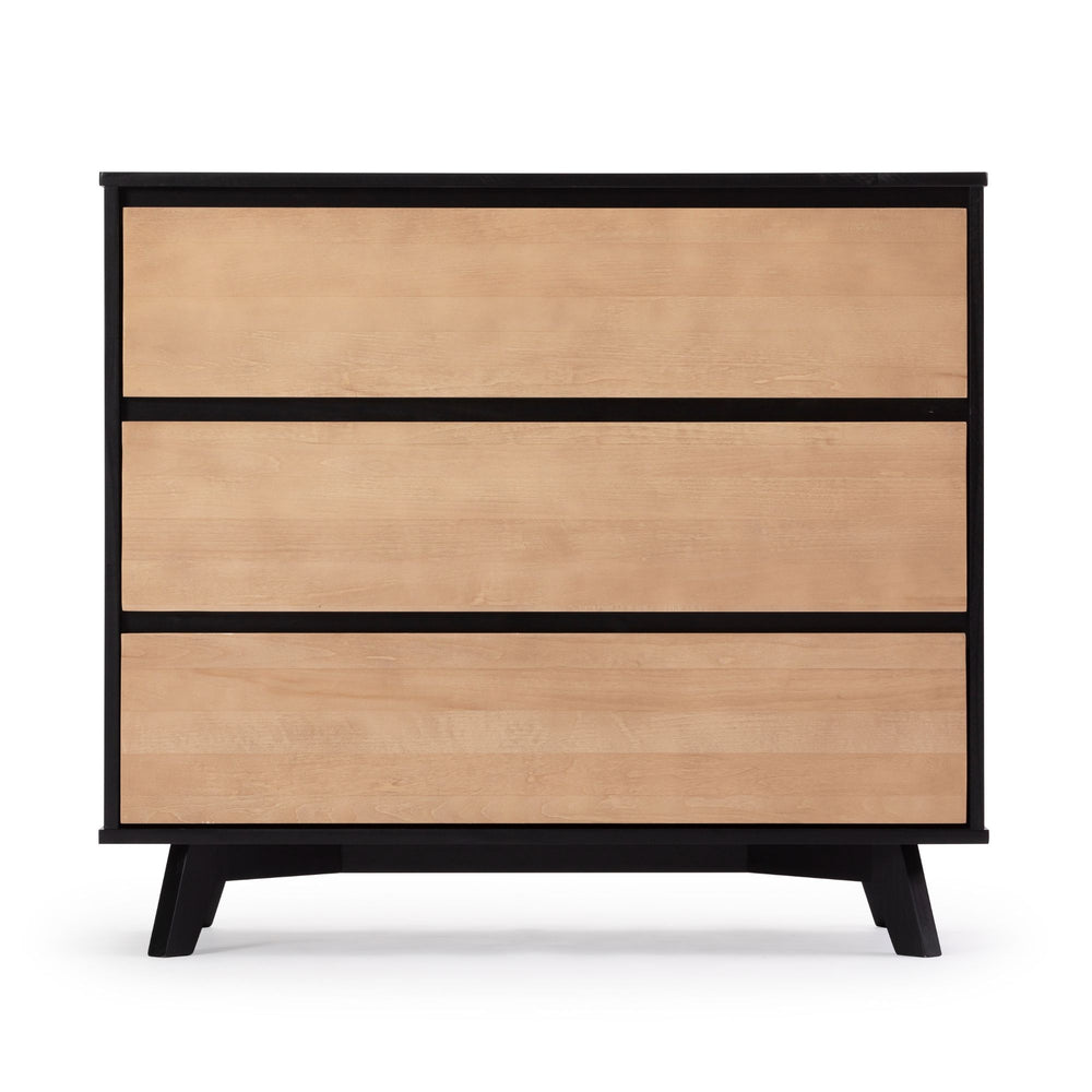 Modern wooden dresser with black frame and natural finish, three drawers, minimalist design for bedroom storage.