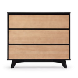 Modern wooden dresser with black frame and natural finish, three drawers, minimalist design for bedroom storage.