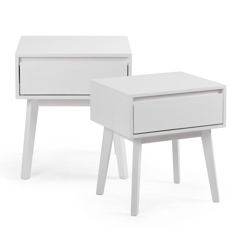 White modern bedside tables with drawers and angled legs.