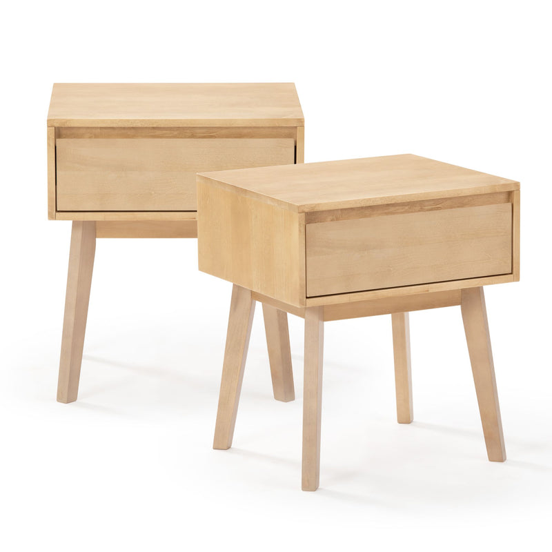 Pair of modern wooden nightstands with drawers and sleek legs, ideal for bedroom decor and storage solutions.