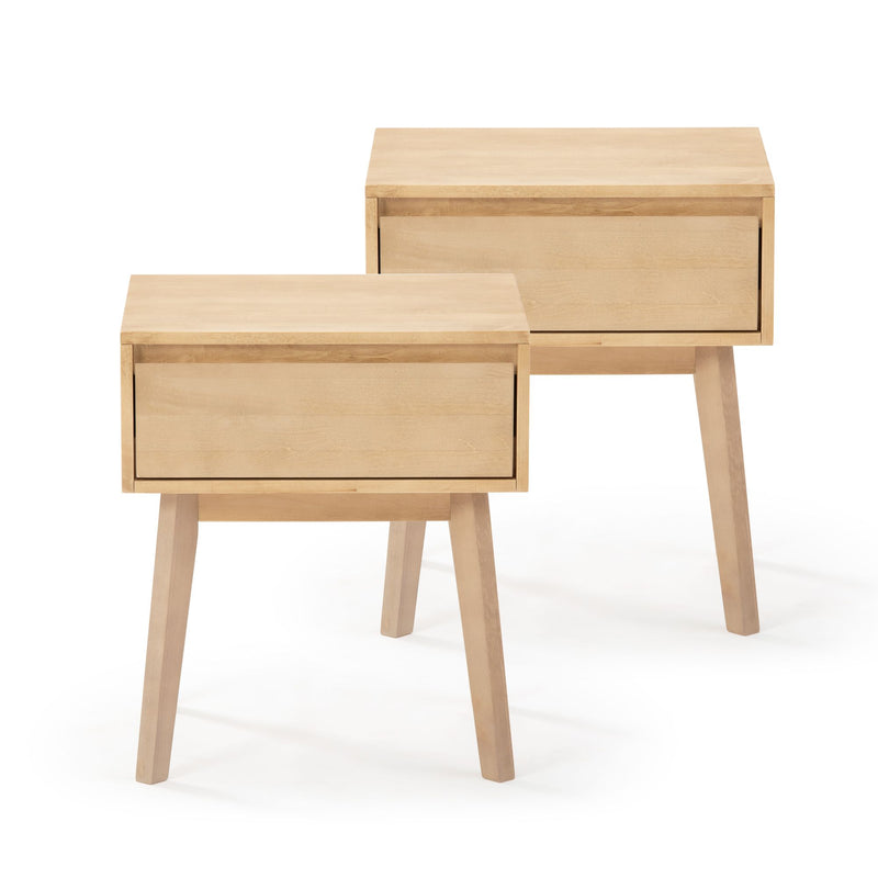 Pair of modern wooden bedside tables with single drawers and sleek design for bedroom furniture.