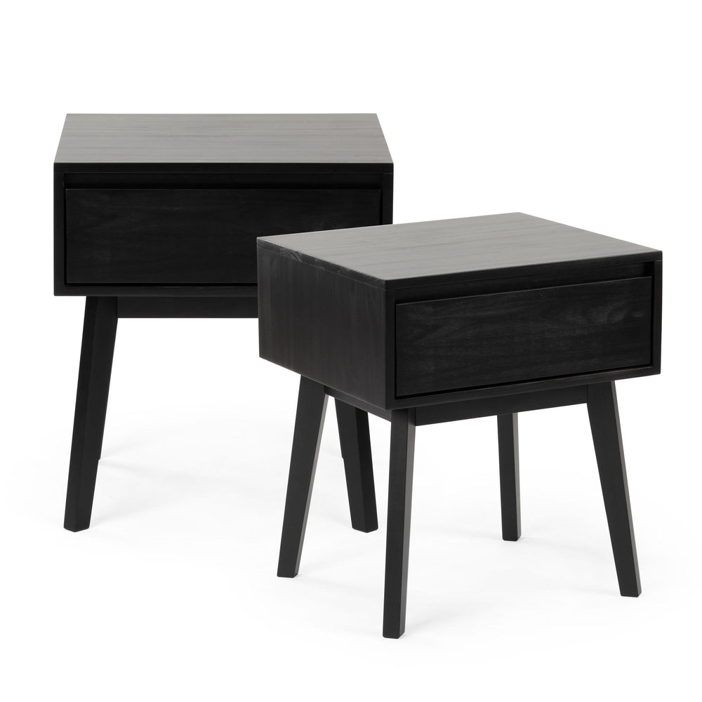 Set of two modern black wooden nightstands with drawers and sleek minimalist design.