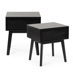 Set of two modern black wooden nightstands with drawers and sleek minimalist design.