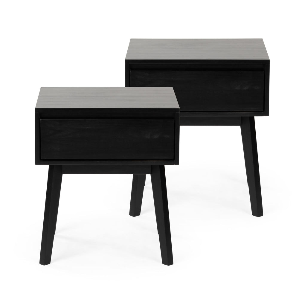 Two modern black wooden nightstands with drawers on angled legs.