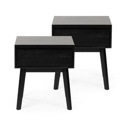 Two modern black wooden nightstands with drawers on angled legs.