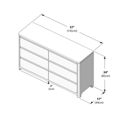 Line drawing product diagram of a modern six-drawer dresser with rounded corners showing dimensions 57″ (145cm) wide × 34″ (85cm) high × 17″ (44cm) deep