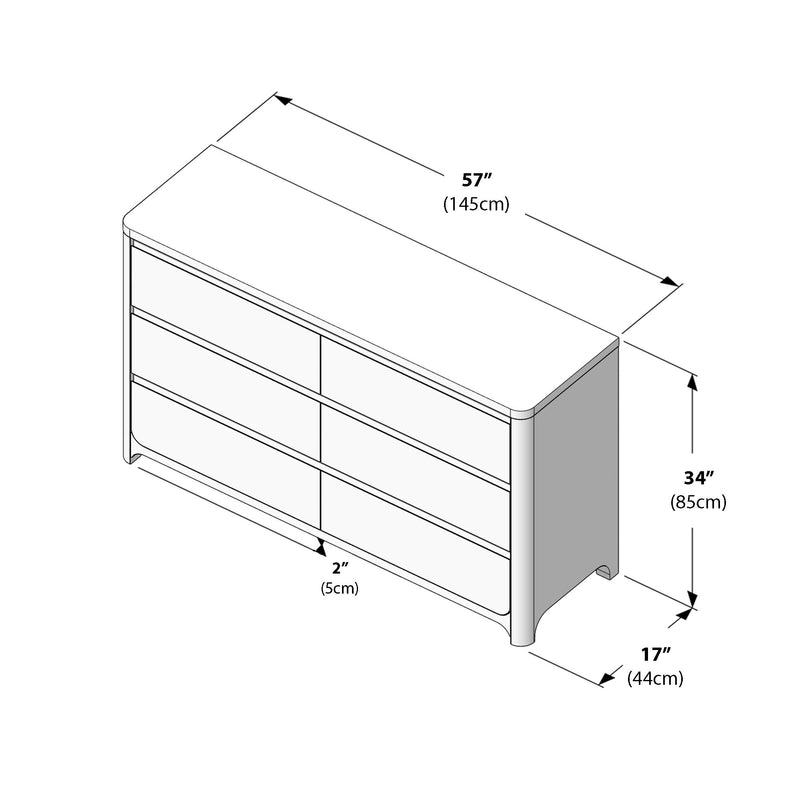 Line drawing product diagram of a modern six-drawer dresser with rounded corners showing dimensions 57″ (145cm) wide × 34″ (85cm) high × 17″ (44cm) deep