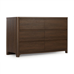 Dark brown wooden 6-drawer dresser with modern rounded corners, recessed drawer fronts and oak-grain finish for bedroom storage