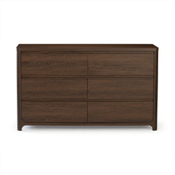 Dark walnut six-drawer wooden dresser with modern rounded corners and clean lines — bedroom storage chest in walnut finish on white background