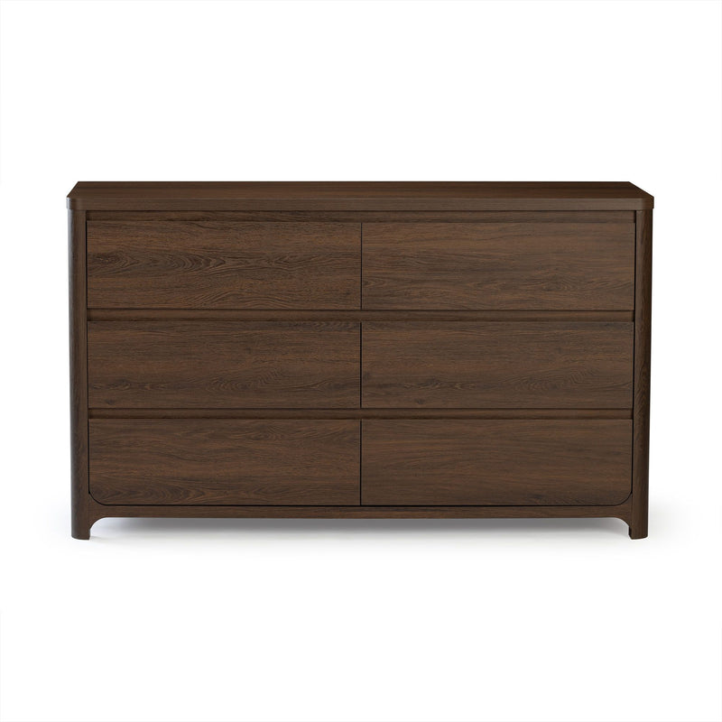 Dark walnut six-drawer wooden dresser with modern rounded corners and clean lines — bedroom storage chest in walnut finish on white background