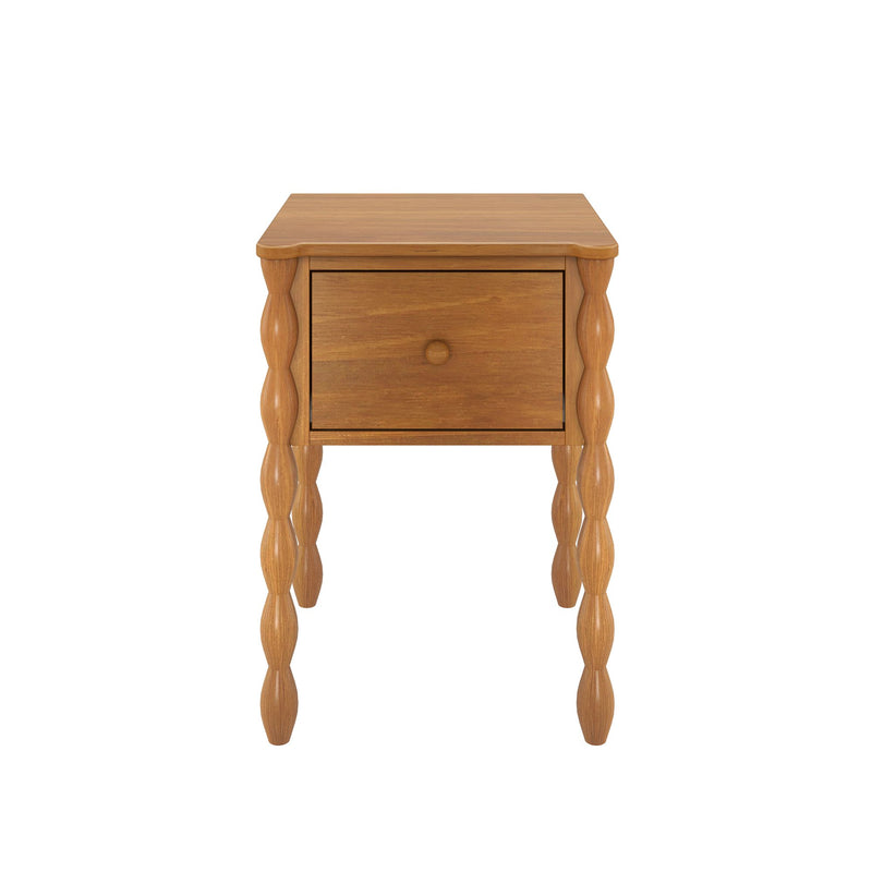 Wooden nightstand bedside table with single drawer and turned spindle legs, natural wood finish for rustic bedroom decor