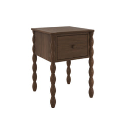 Dark brown wooden nightstand with turned spindle legs and single knob drawer, walnut-finish bedroom side table on white background