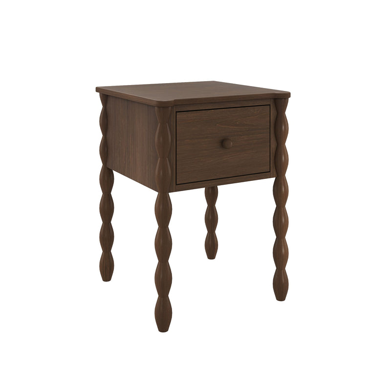 Dark brown wooden nightstand with turned spindle legs and single knob drawer, walnut-finish bedroom side table on white background
