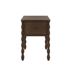 Dark brown wooden bedside table nightstand with single drawer and turned spindle legs, rustic farmhouse end table